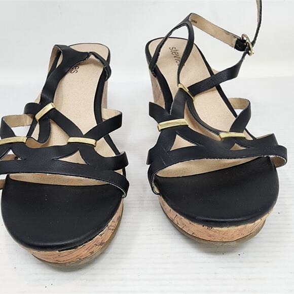 Stevies Black Cork Wedge Sandals Strappy Low Platform Wedge Women's Gift Size 4 - Picture 5 of 8